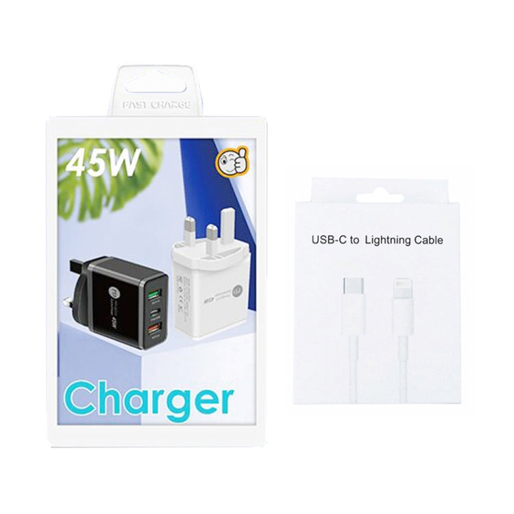 45W PD3.0 + 2 x QC3.0 USB 다중 포트 충전기 Type-C to 8핀 케이블 포함, 영국 플러그, 영국 플러그 + Type-C to 8핀 케이블