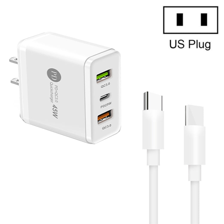 45W PD3.0 + 2 x QC3.0 USB 멀티 포트 충전기 및 Type-C to Type-C 케이블, US 플러그, US 플러그 + Type-C to Type-C 케이블