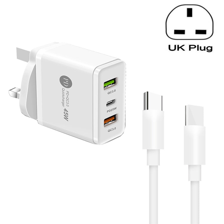 45W PD3.0 + 2 x QC3.0 USB 멀티 포트 충전기 및 Type-C to Type-C 케이블, UK 플러그, UK 플러그 + Type-C to Type-C 케이블
