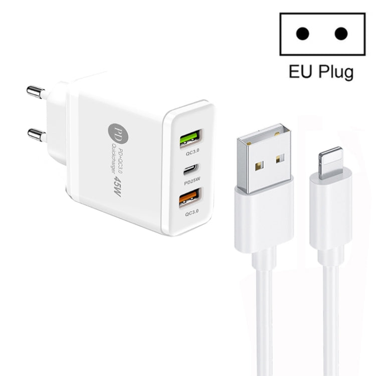 45W PD25W + 2 x QC3.0 USB 다중 포트 충전기 USB to 8핀 케이블 포함, 유럽 플러그, 유럽 플러그 + USB to 8핀 케이블