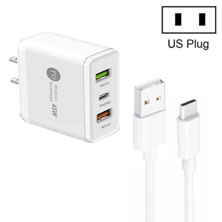 45W PD25W + 2 x QC3.0 USB 멀티 포트 충전기 및 USB to Type-C 케이블, US 플러그, US 플러그 + USB to Type-C 케이블
