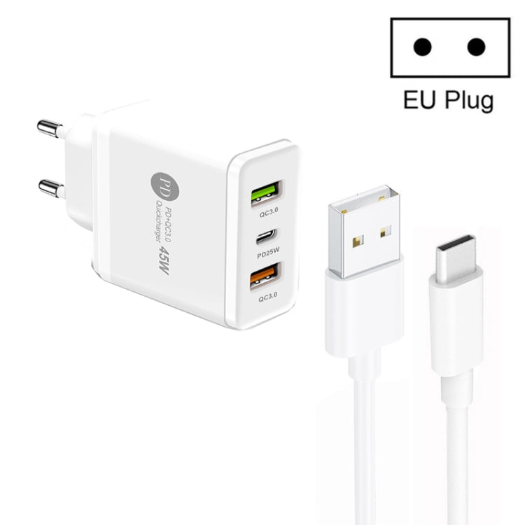 45W PD25W + 2 x QC3.0 USB 멀티 포트 충전기 및 USB to Type-C 케이블, EU 플러그, EU 플러그 + USB to Type-C 케이블