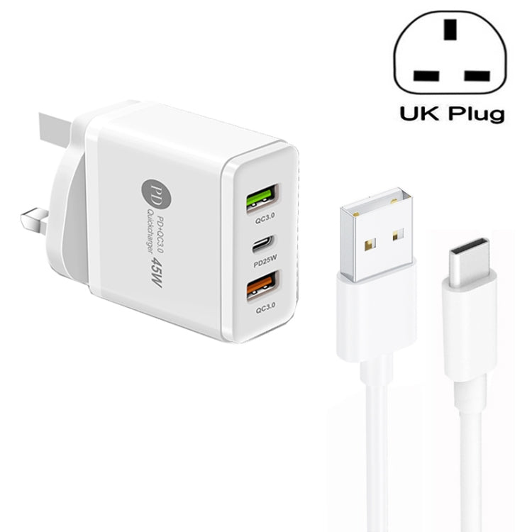 45W PD25W + 2 x QC3.0 USB 멀티 포트 충전기 및 USB to Type-C 케이블, UK 플러그, UK 플러그 + USB to Type-C 케이블