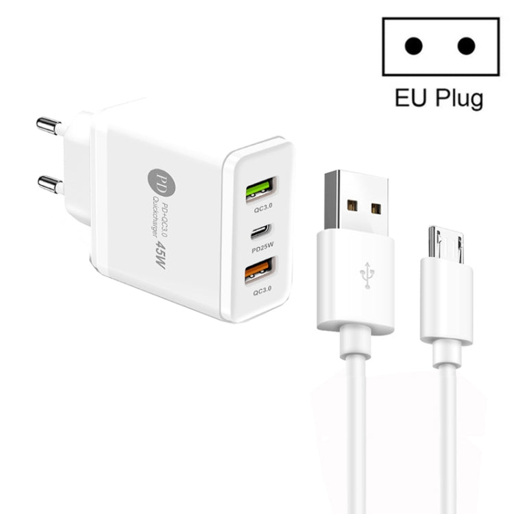 45W PD25W + 2 x QC3.0 USB 멀티 포트 충전기 및 USB to Micro USB 케이블, EU 플러그, EU 플러그 + USB to Micro USB 케이블