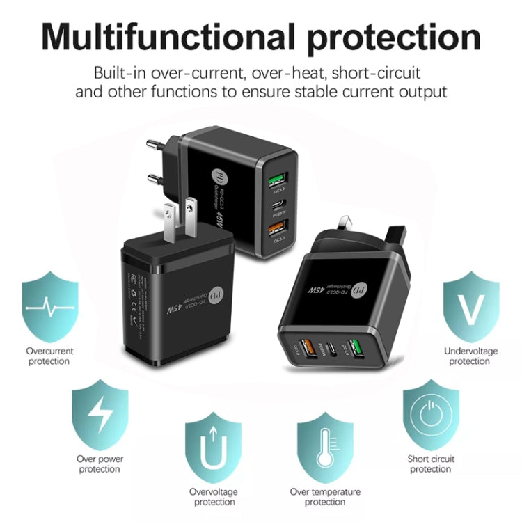 45W PD25W + 2 x QC3.0 USB Multi Port Charger with USB to Micro USB Cable, EU Plug, EU Plug + USB to Micro USB Cable