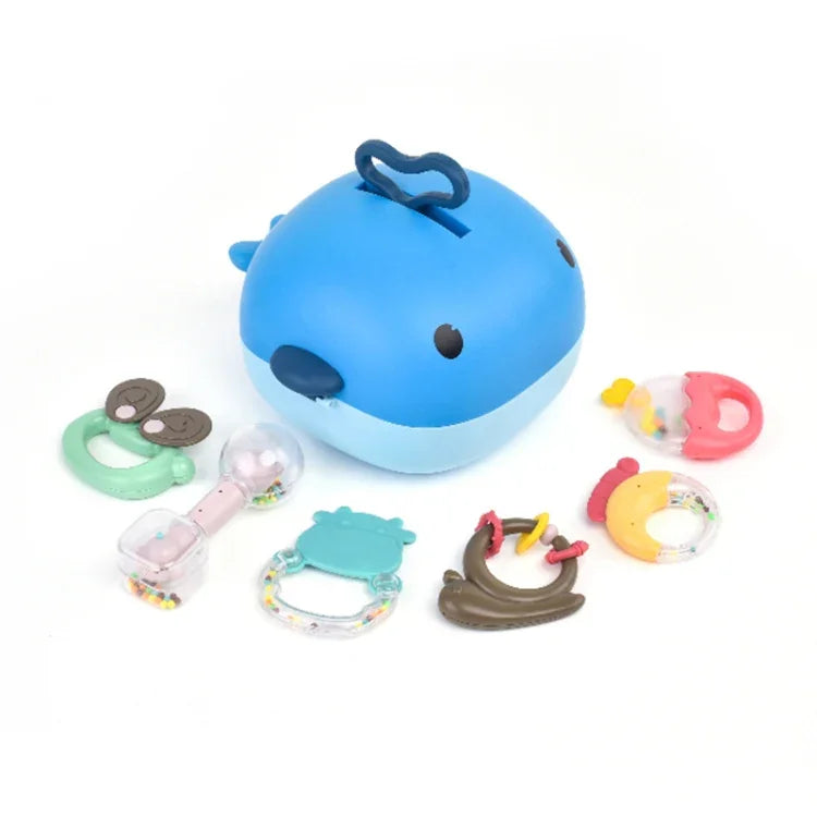 MoFun 2029A 2-in-1 아기 딸랑이 & 치발기 6개 세트 고래 보관 상자 포함, 2029A