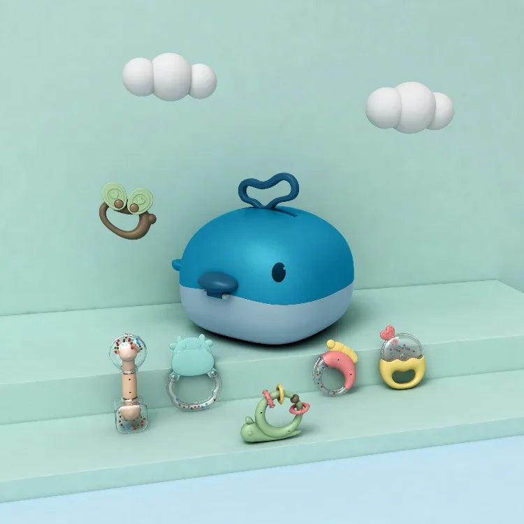 MoFun 2029A 2-in-1 아기 딸랑이 & 치발기 6개 세트 고래 보관 상자 포함, 2029A