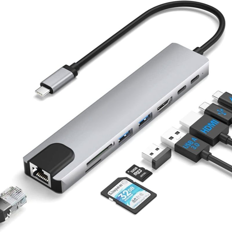DS-20808 8-in-1 USB-C / 타입-C 허브 멀티포트 어댑터 4K HDMI, USB 3.0 SD/TF 카드 리더기, MacBook Pro/Air 및 기타 타입 C 기기용 USB C 동글, 8-in-1