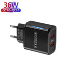 36W 듀얼 포트 QC3.0 USB 휴대폰 충전기 듀얼 18W 출력, 유럽 플러그, 유럽 플러그
