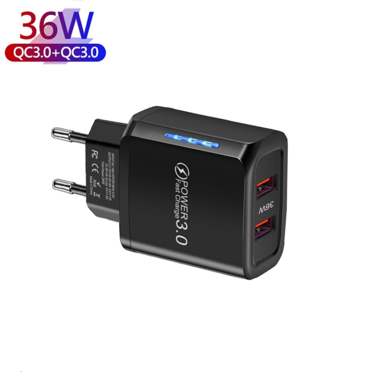 36W 듀얼 포트 QC3.0 USB 휴대폰 충전기 듀얼 18W 출력, 유럽 플러그, 유럽 플러그