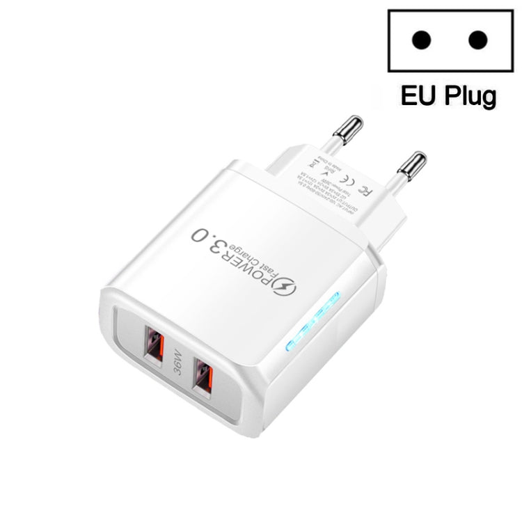36W 듀얼 포트 QC3.0 USB 휴대폰 충전기 듀얼 18W 출력, 유럽 플러그, 유럽 플러그