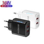 36W 듀얼 포트 QC3.0 USB 휴대폰 충전기 듀얼 18W 출력, 유럽 플러그, 유럽 플러그
