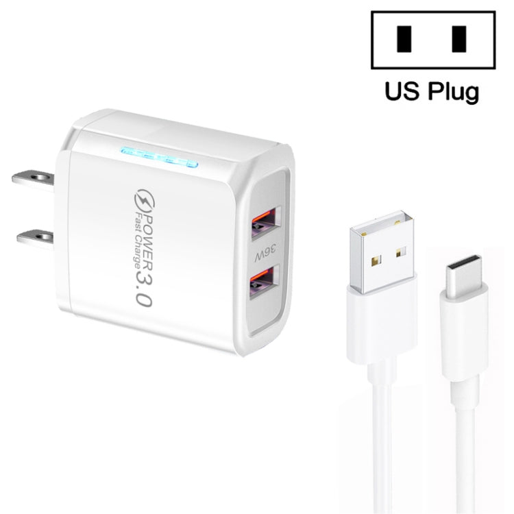 36W 듀얼 포트 QC3.0 USB 충전기 및 3A USB to Type-C 데이터 케이블, US 플러그, US 플러그 + USB to Type-C 케이블