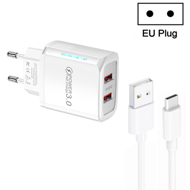 36W 듀얼 포트 QC3.0 USB 충전기 및 3A USB to Type-C 데이터 케이블, EU 플러그, EU 플러그 + USB to Type-C 케이블