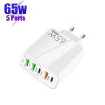 65W 듀얼 PD Type-C + 3 x USB 다중 포트 충전기 휴대폰 및 태블릿용, 유럽 플러그, 유럽 플러그