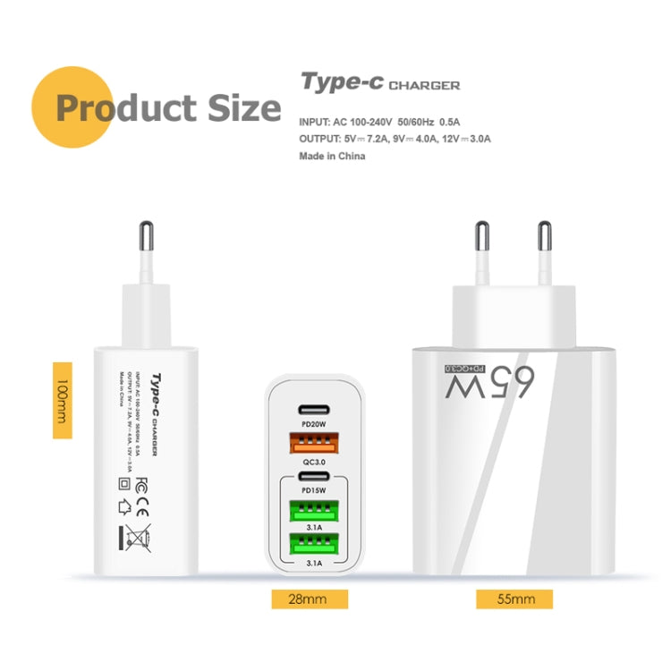 65W 듀얼 PD Type-C + 3 x USB 다중 포트 충전기 휴대폰 및 태블릿용, 유럽 플러그, 유럽 플러그