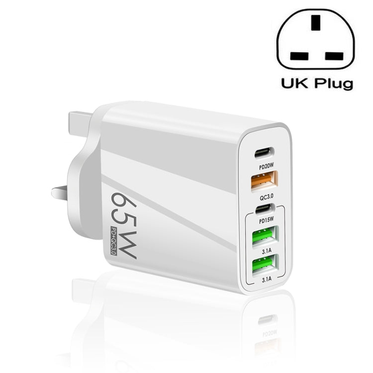 65W 듀얼 PD Type-C + 3 x USB 다중 포트 충전기 휴대폰 및 태블릿용, 영국 플러그, 영국 플러그