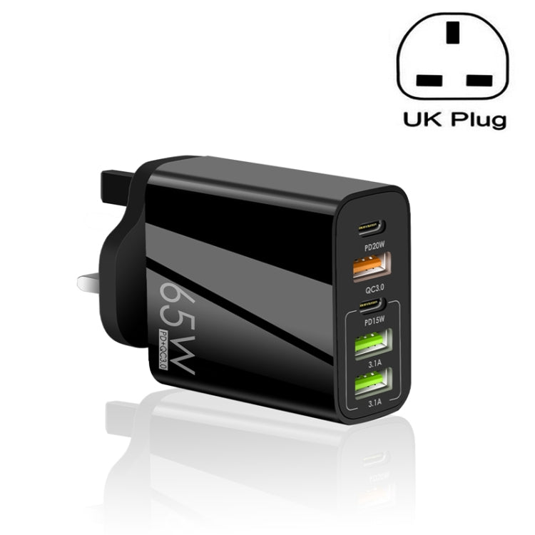 65W 듀얼 PD Type-C + 3 x USB 다중 포트 충전기 휴대폰 및 태블릿용, 영국 플러그, 영국 플러그