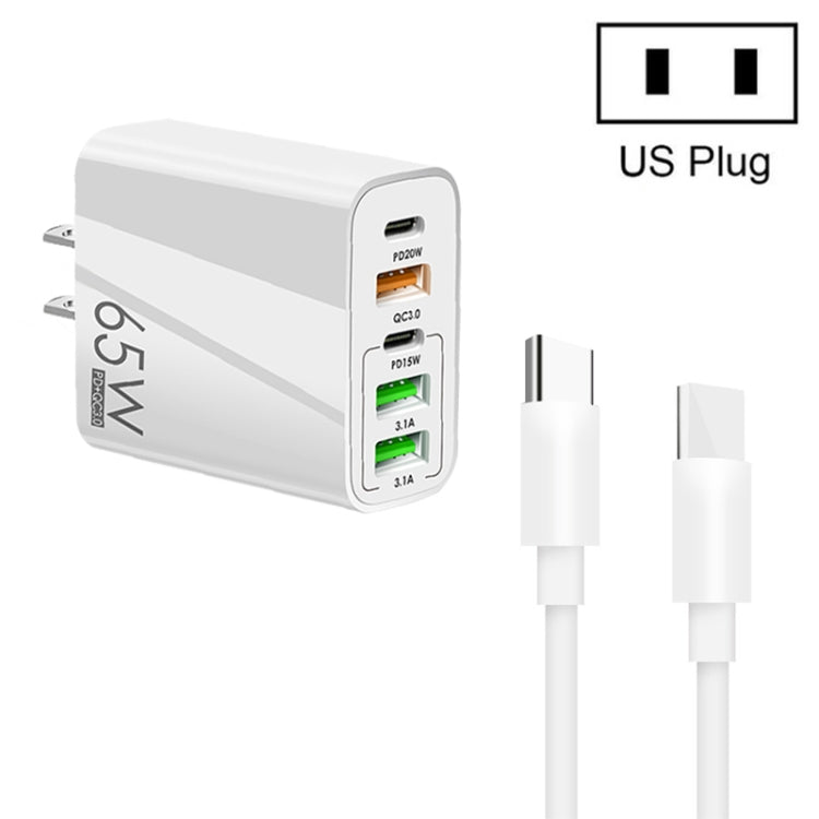 65W 듀얼 PD 타입-C + 3포트 USB 멀티 충전기 3A 타입-C to 타입-C 데이터 케이블 포함, 미국 플러그, 미국 플러그 + 타입-C to 타입-C 케이블