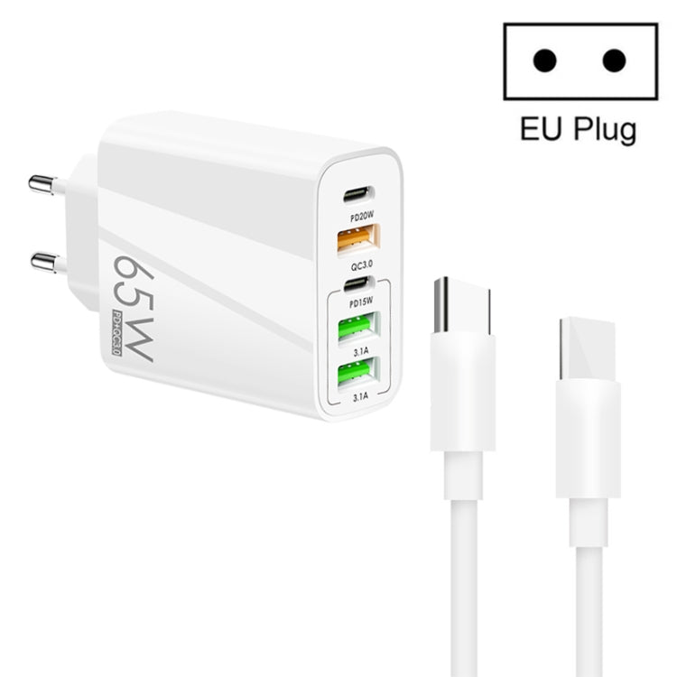 65W 듀얼 PD Type-C + 3 x USB 멀티 포트 충전기 및 3A Type-C to Type-C 데이터 케이블, US 플러그, EU 플러그 + Type-C to Type-C 케이블
