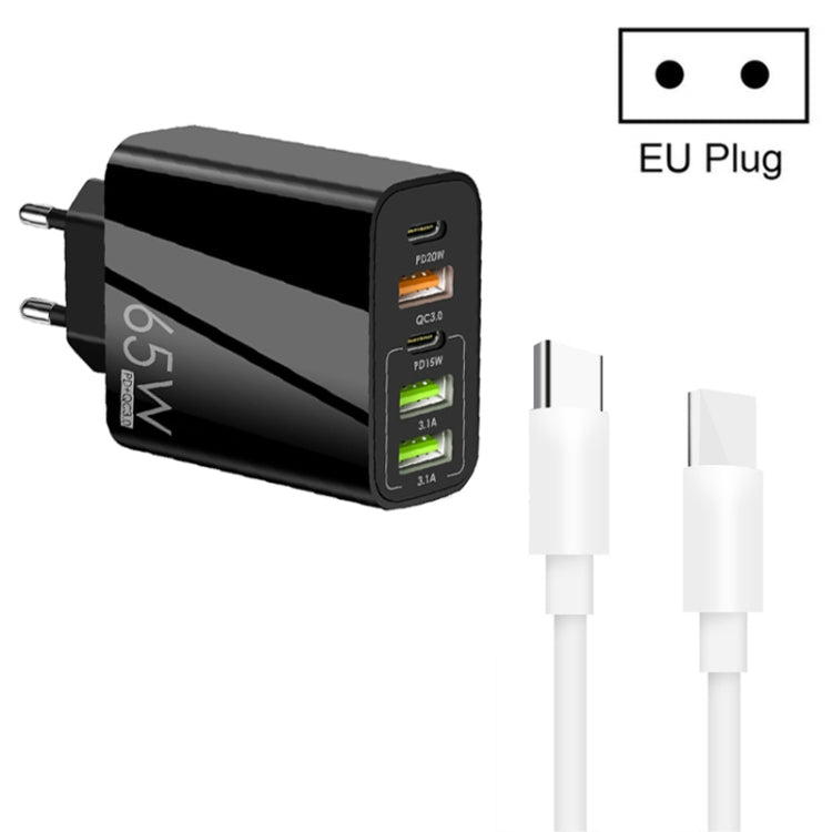 65W 듀얼 PD Type-C + 3 x USB 멀티 포트 충전기 및 3A Type-C to Type-C 데이터 케이블, US 플러그, EU 플러그 + Type-C to Type-C 케이블