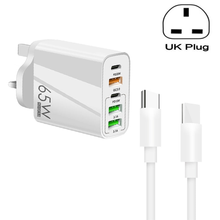 65W 듀얼 PD 타입-C + 3포트 USB 멀티 충전기 3A 타입-C to 타입-C 데이터 케이블 포함, 영국 플러그, 영국 플러그 + 타입-C to 타입-C 케이블