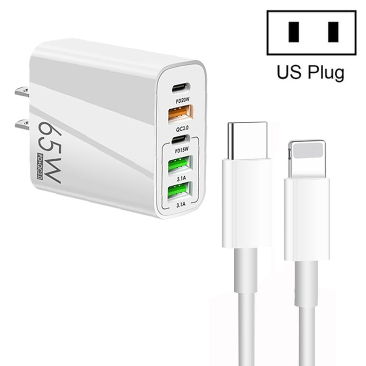 65W 듀얼 PD Type-C + 3 x USB 다중 포트 충전기 3A Type-C to 8핀 데이터 케이블 포함, 미국 플러그, 미국 플러그 + Type-C to 8핀 케이블