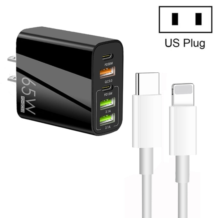 65W 듀얼 PD Type-C + 3 x USB 다중 포트 충전기 3A Type-C to 8핀 데이터 케이블 포함, 미국 플러그, 미국 플러그 + Type-C to 8핀 케이블