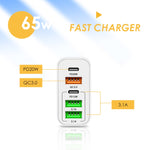 65W 듀얼 PD Type-C + 3 x USB 다중 포트 충전기 3A Type-C to 8핀 데이터 케이블 포함, 미국 플러그, 미국 플러그 + Type-C to 8핀 케이블
