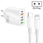 65W 듀얼 PD Type-C + 3 x USB 다중 포트 충전기 3A Type-C to 8핀 데이터 케이블 포함, 유럽 플러그, 유럽 플러그 + Type-C to 8핀 케이블