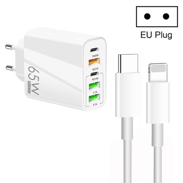 65W 듀얼 PD Type-C + 3 x USB 다중 포트 충전기 3A Type-C to 8핀 데이터 케이블 포함, 유럽 플러그, 유럽 플러그 + Type-C to 8핀 케이블