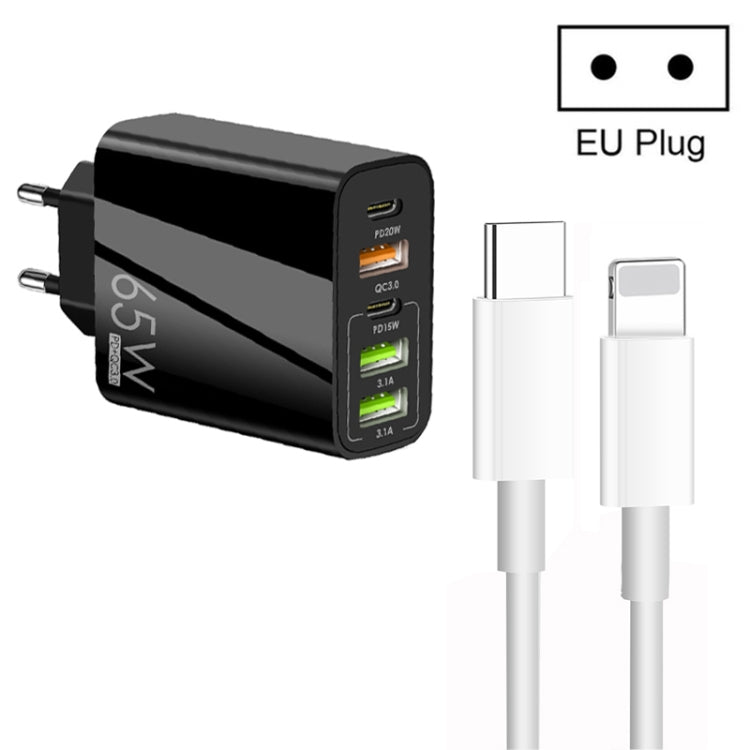 65W 듀얼 PD Type-C + 3 x USB 다중 포트 충전기 3A Type-C to 8핀 데이터 케이블 포함, 유럽 플러그, 유럽 플러그 + Type-C to 8핀 케이블