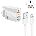 65W 듀얼 PD Type-C + 3 x USB 다중 포트 충전기 3A USB to 8핀 데이터 케이블 포함, 영국 플러그, 영국 플러그 + USB to 8핀 케이블