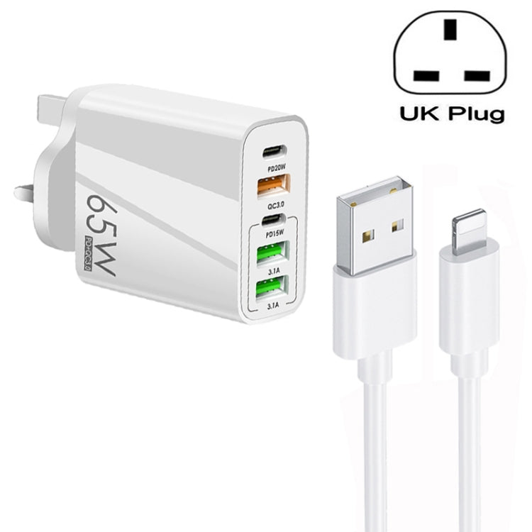 65W 듀얼 PD Type-C + 3 x USB 다중 포트 충전기 3A USB to 8핀 데이터 케이블 포함, 영국 플러그, 영국 플러그 + USB to 8핀 케이블