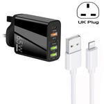 65W 듀얼 PD Type-C + 3 x USB 다중 포트 충전기 3A USB to 8핀 데이터 케이블 포함, 영국 플러그, 영국 플러그 + USB to 8핀 케이블