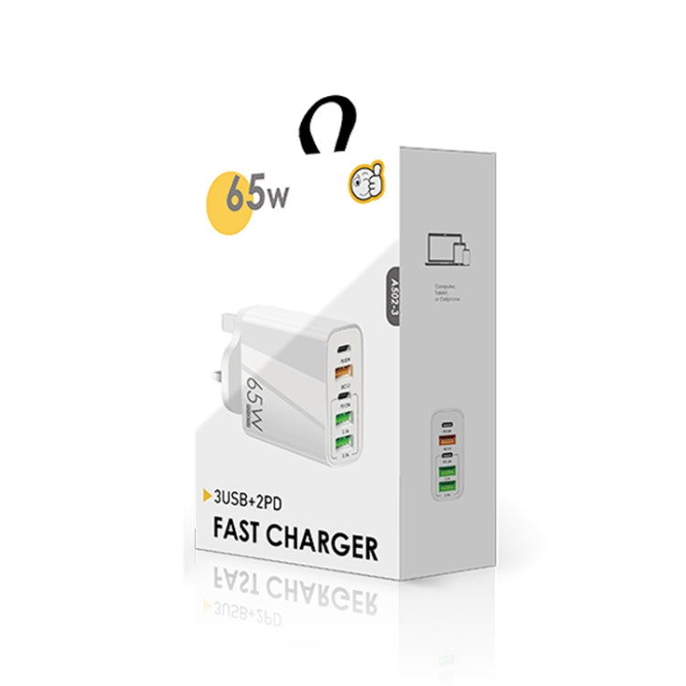 65W 듀얼 PD Type-C + 3 x USB 다중 포트 충전기 3A USB to 8핀 데이터 케이블 포함, 영국 플러그, 영국 플러그 + USB to 8핀 케이블