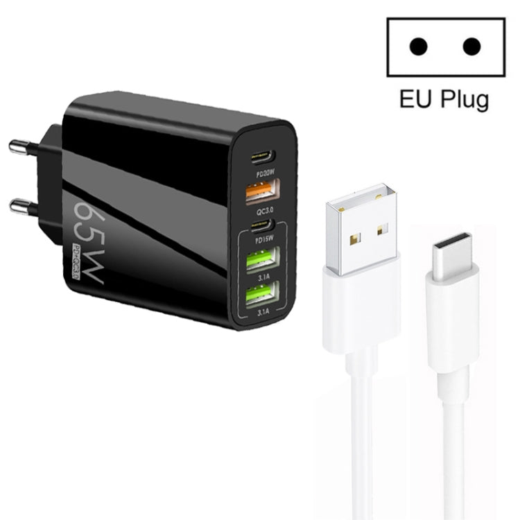 65W 듀얼 PD 타입-C + 3포트 USB 멀티 충전기 3A USB to 타입-C 데이터 케이블 포함, 유럽 플러그, 유럽 플러그 + USB to 타입-C 케이블