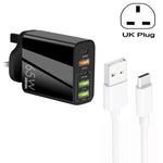 65W 듀얼 PD 타입-C + 3포트 USB 멀티 충전기 3A USB to 타입-C 데이터 케이블 포함, 영국 플러그, 영국 플러그 + USB to 타입-C 케이블