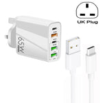 65W 듀얼 PD 타입-C + 3포트 USB 멀티 충전기 3A USB to 타입-C 데이터 케이블 포함, 영국 플러그, 영국 플러그 + USB to 타입-C 케이블