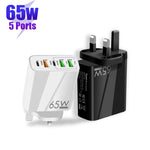 65W 듀얼 PD 타입-C + 3포트 USB 멀티 충전기 3A USB to 타입-C 데이터 케이블 포함, 영국 플러그, 영국 플러그 + USB to 타입-C 케이블