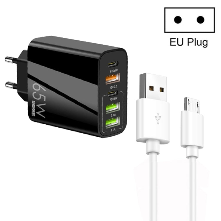 65W 듀얼 PD 타입-C + 3포트 USB 멀티 충전기 3A USB to 마이크로 USB 데이터 케이블 포함, 유럽 플러그, 유럽 플러그 + USB to 마이크로 USB 케이블