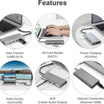 USB C 허브, 11-in-1 USB C 어댑터 동글, 4K HDMI, VGA, 타입 C PD, USB3.0, RJ45 이더넷, SD/TF 카드 리더기, 3.5mm AUX, 맥북 프로/에어 및 기타 타입 C 노트북 기기 호환 도킹 스테이션