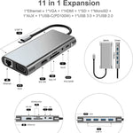 USB C 허브, 11-in-1 USB C 어댑터 동글, 4K HDMI, VGA, 타입 C PD, USB3.0, RJ45 이더넷, SD/TF 카드 리더기, 3.5mm AUX, 맥북 프로/에어 및 기타 타입 C 노트북 기기 호환 도킹 스테이션