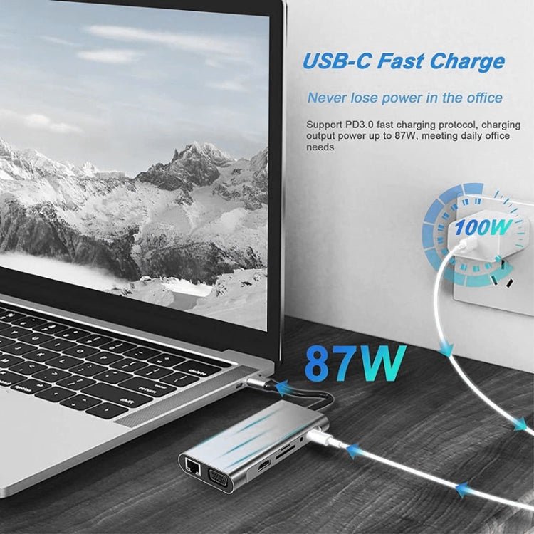 USB C 허브, 11-in-1 USB C 어댑터 동글, 4K HDMI, VGA, 타입 C PD, USB3.0, RJ45 이더넷, SD/TF 카드 리더기, 3.5mm AUX, 맥북 프로/에어 및 기타 타입 C 노트북 기기 호환 도킹 스테이션