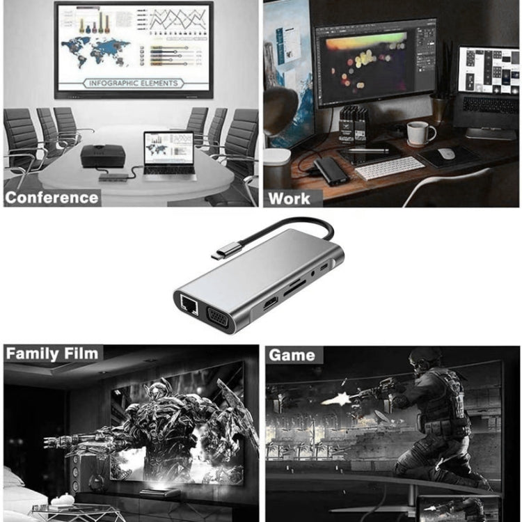 USB C 허브, 11-in-1 USB C 어댑터 동글, 4K HDMI, VGA, 타입 C PD, USB3.0, RJ45 이더넷, SD/TF 카드 리더기, 3.5mm AUX, 맥북 프로/에어 및 기타 타입 C 노트북 기기 호환 도킹 스테이션