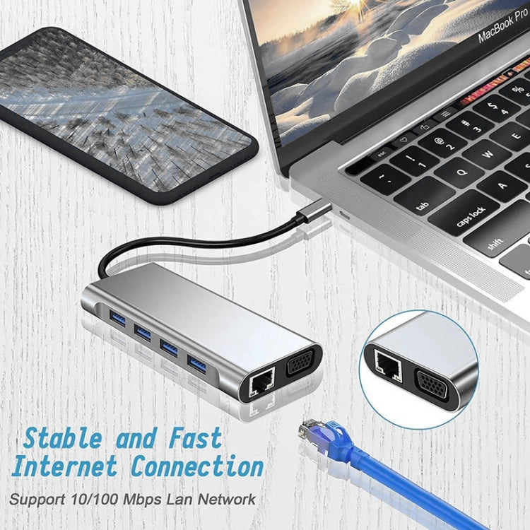 USB C 허브, 11-in-1 USB C 어댑터 동글, 4K HDMI, VGA, 타입 C PD, USB3.0, RJ45 이더넷, SD/TF 카드 리더기, 3.5mm AUX, 맥북 프로/에어 및 기타 타입 C 노트북 기기 호환 도킹 스테이션