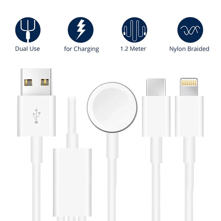 Apple Watch 시리즈 & 아이폰 & 타입-C 포트가 있는 휴대폰용 3-in-1 USB 자석 충전 케이블 4ft/1.2m, DS-XB017