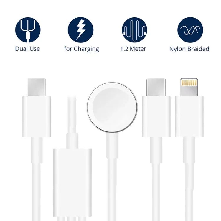 Apple Watch 시리즈 & 듀얼 타입-C 플러그가 있는 휴대폰용 3-in-1 USB 자석 충전 케이블 4ft/1.2m, DS-XB020