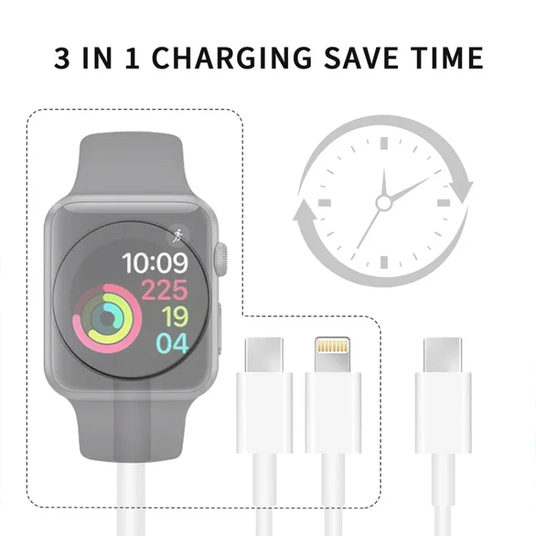 Apple Watch 시리즈 & 듀얼 타입-C 플러그가 있는 휴대폰용 3-in-1 USB 자석 충전 케이블 4ft/1.2m, DS-XB020