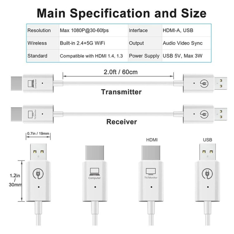 무선 HDMI 송수신기 키트, HDMI 무선 확장기 어댑터, 1080P 60fps 비디오 오디오 PC, 노트북, 카메라에서 HDTV/프로젝터로 투사